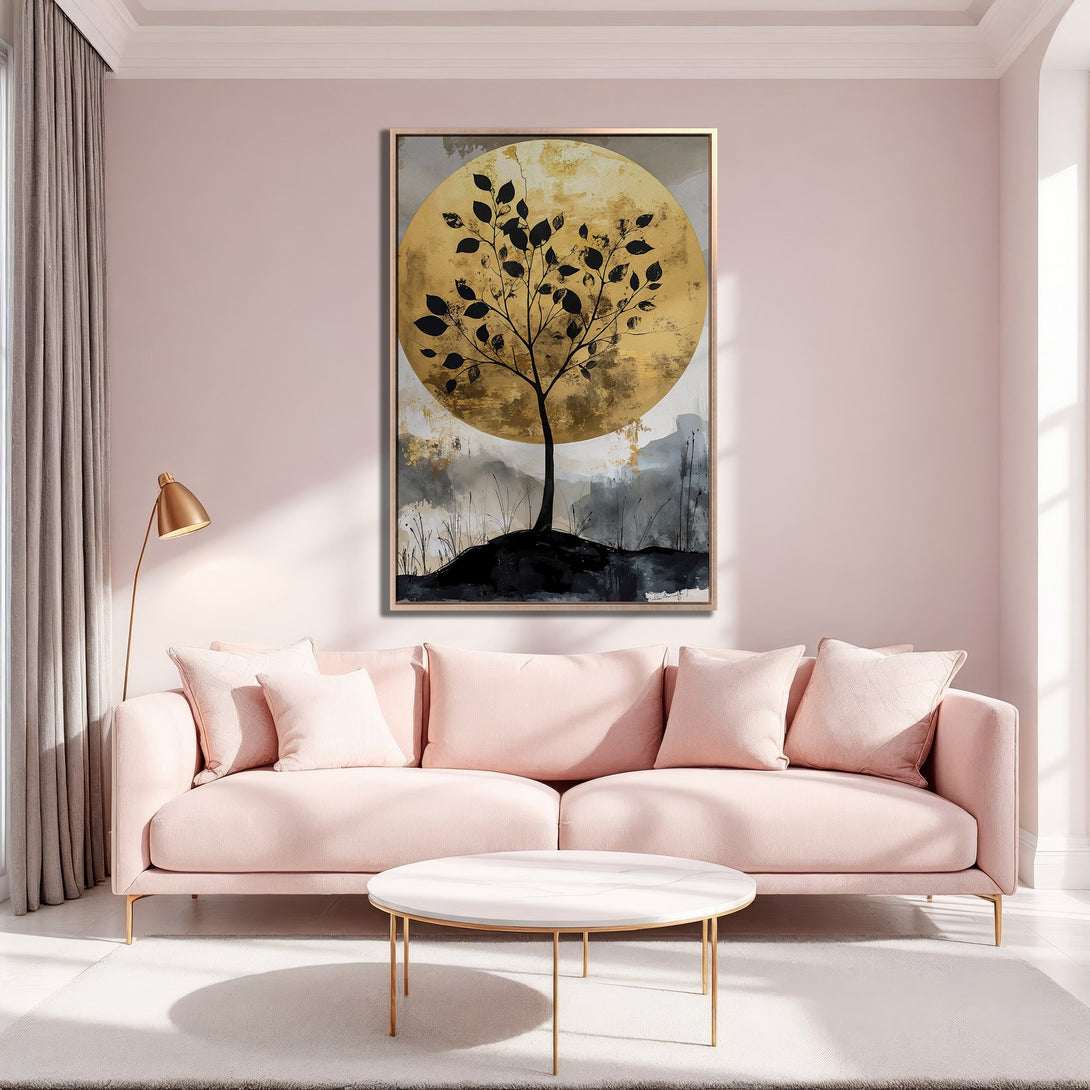 Framed Wall Art: Abstract tree art in gold, black, and gray. Modern canvas print adds elegance to a pink living room. Shop now for stylish home decor!