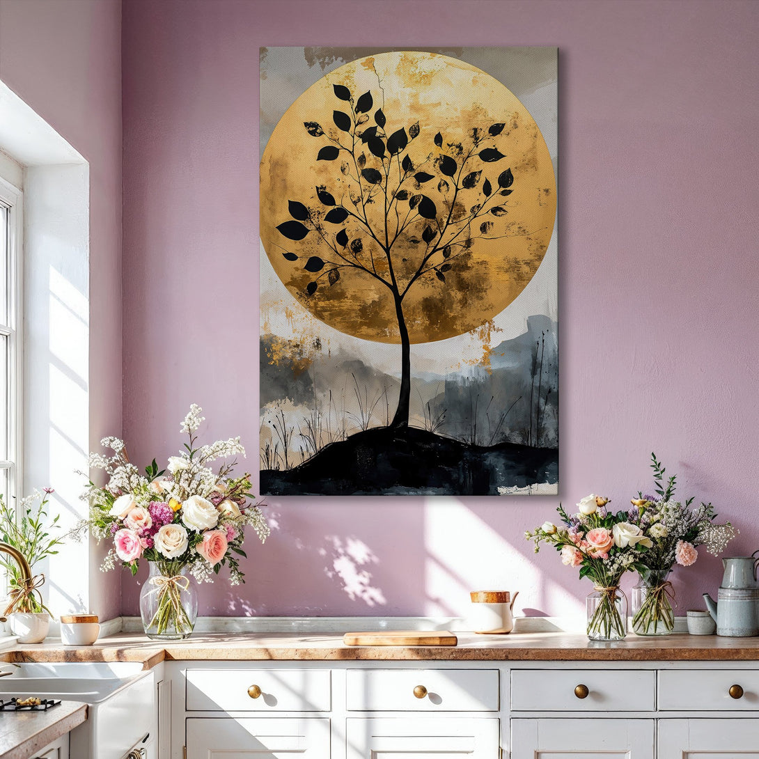 Framed Wall Art: Abstract tree art in gold, black, and gray tones. Modern canvas print adds elegance to any living room. Shop now for stunning wall decor!