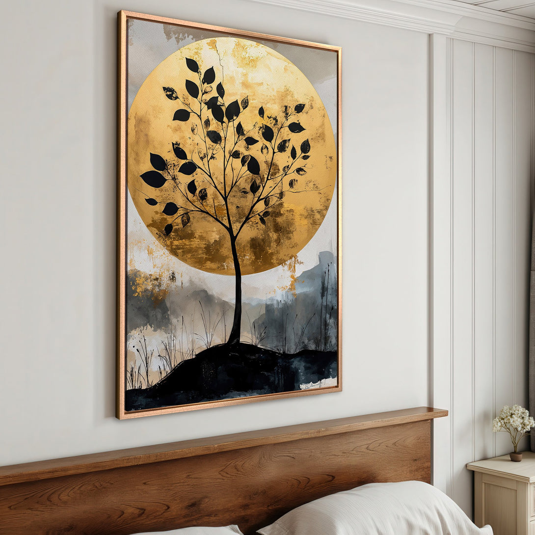 Framed Wall Art: Abstract tree art print with gold, black, and gray color palette. Modern canvas art for bedroom decor.