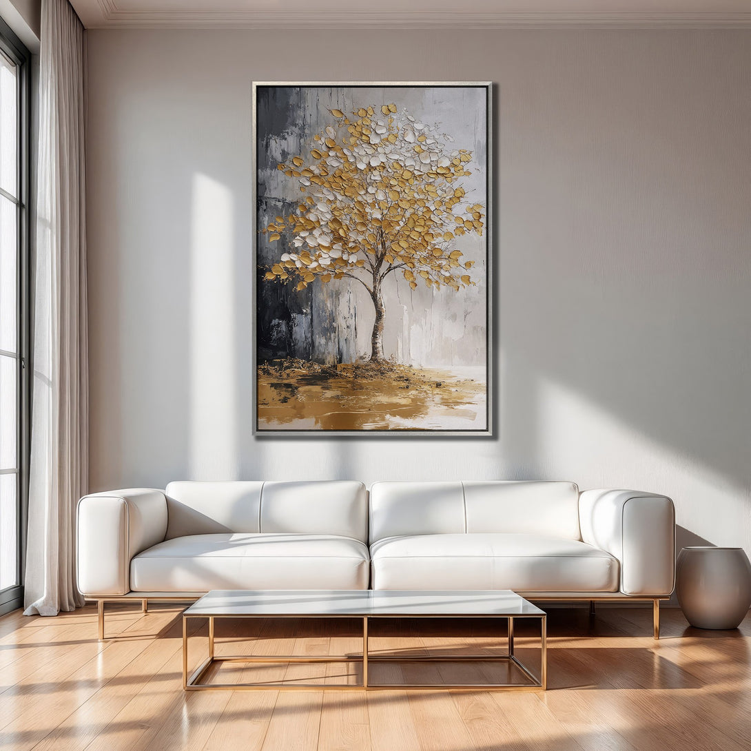 Framed Wall Art: Abstract tree painting in gold, gray, and white. Modern decor for living room. Enhance your space with this stunning Canvas Print.