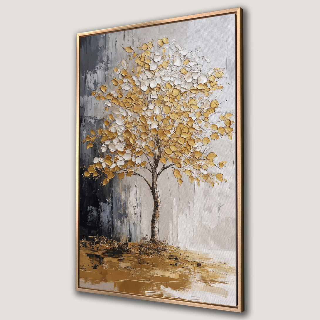 Framed Wall Art: Textured abstract tree painting in gold, white, and gray. Modern art canvas print for stylish home decor.