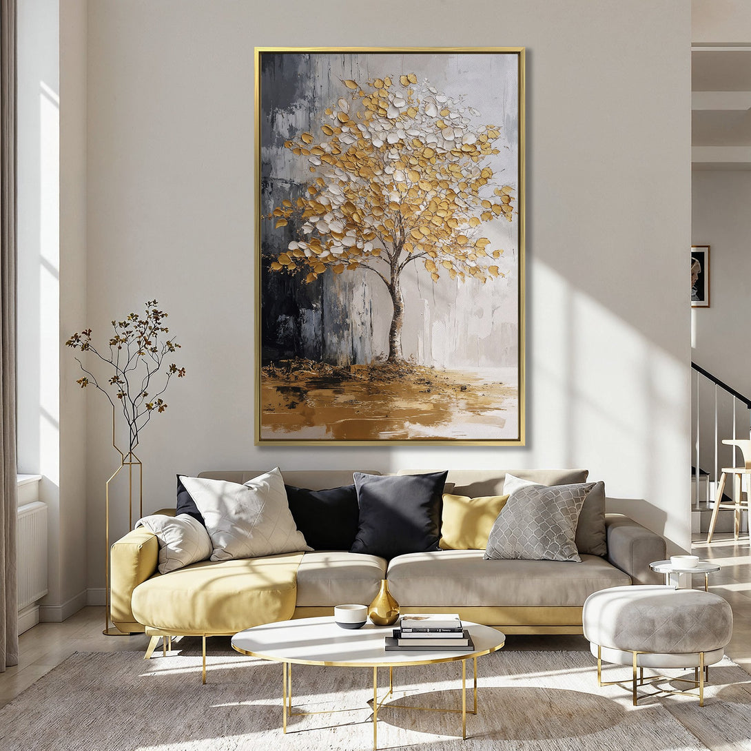 Canvas Print of a golden tree painting in a modern style, featuring a warm, neutral color palette. Perfect for adding art to your home!