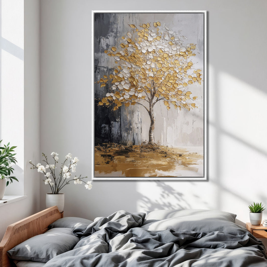 Framed Wall Art: Abstract tree painting with gold and gray tones. Modern art for bedroom decor. Enhance your space with this stunning canvas print.