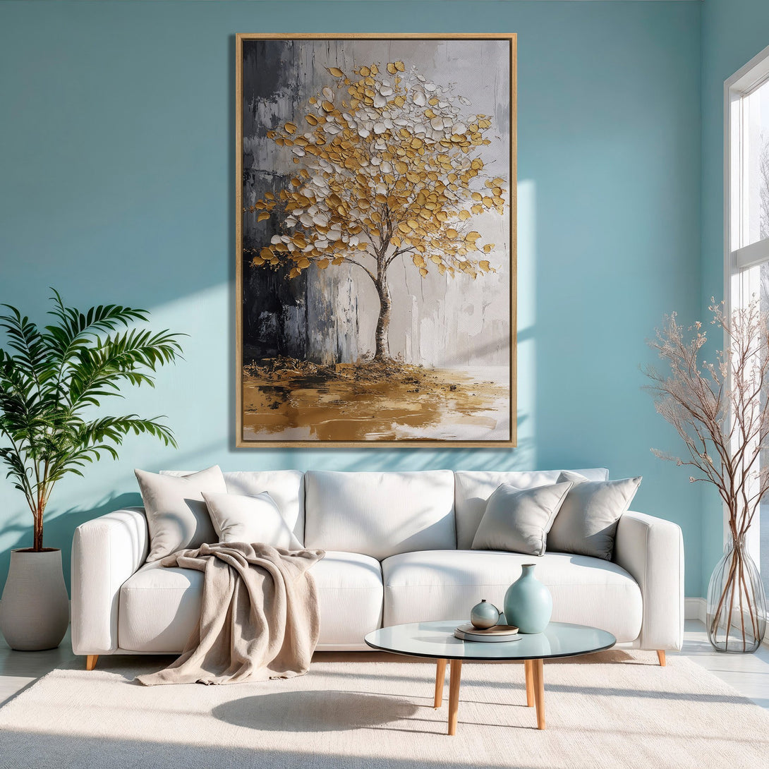 Framed Wall Art featuring an abstract gold and white tree painting. Modern style, neutral and teal color palette. Perfect for living room decor.