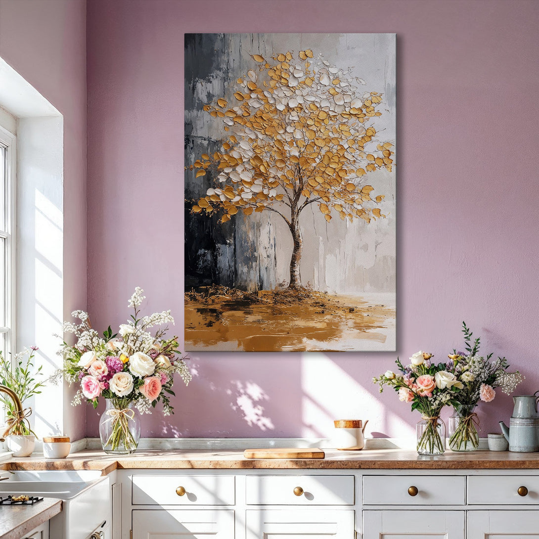 Framed Wall Art: Abstract tree painting with gold and neutral tones. Modern art canvas print for living room decor. Enhance your space with this elegant piece.