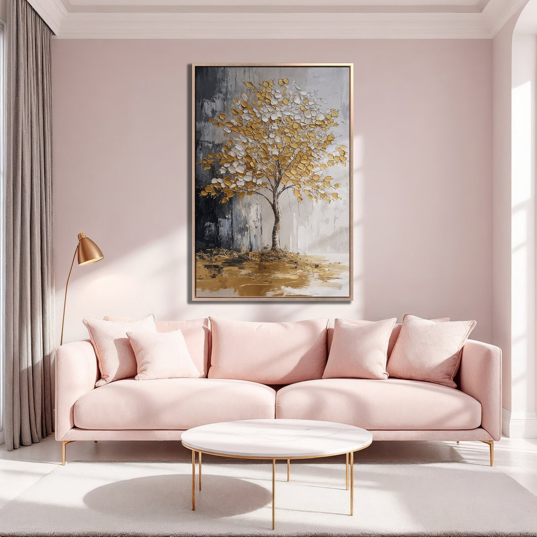 Framed Wall Art: Abstract tree painting in gold and gray tones. Modern art canvas print adds elegance to any living room with a pink and gold color palette.