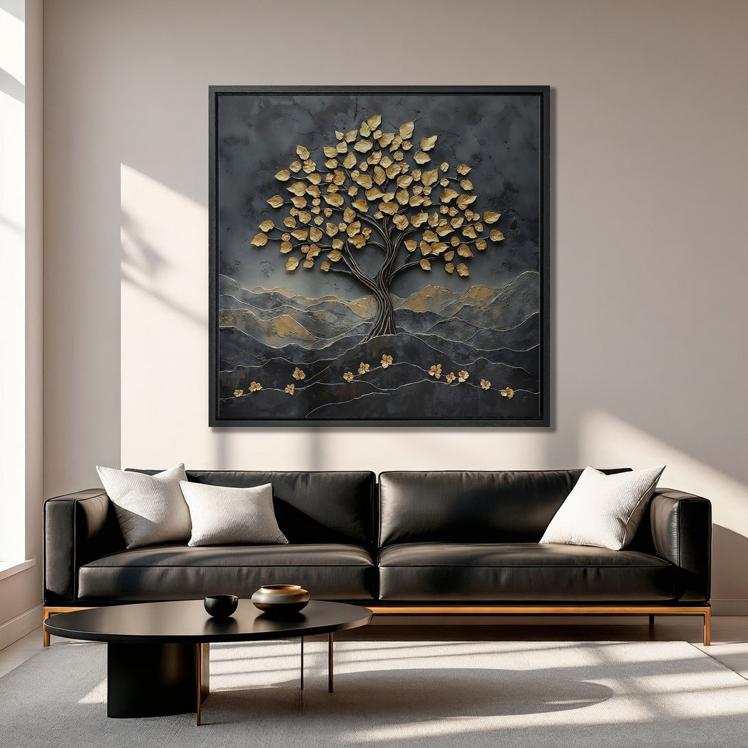 Framed Wall Art featuring a gold leaf tree on a dark textured background. Modern art with a neutral, gold, and black color palette. Perfect for any interior.
