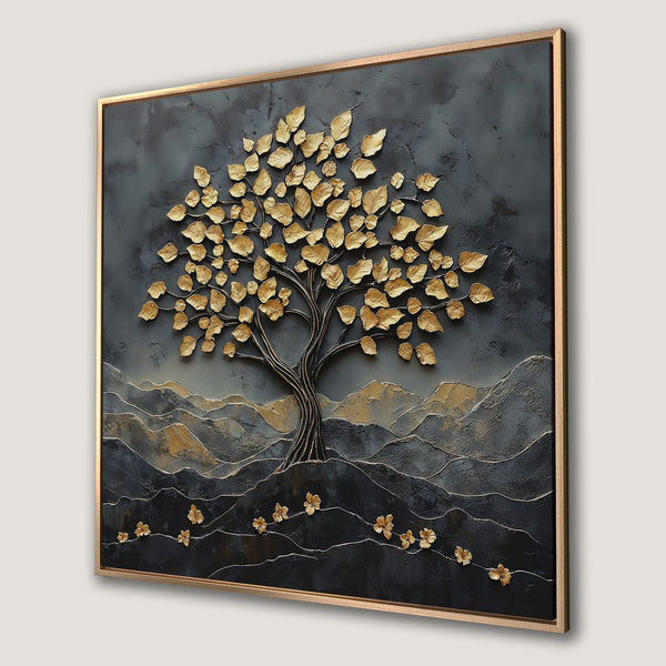 Framed Wall Art: Gold leaf tree art on textured canvas. Modern, elegant decor in a black and gold color palette. Elevate your space with this stunning piece.