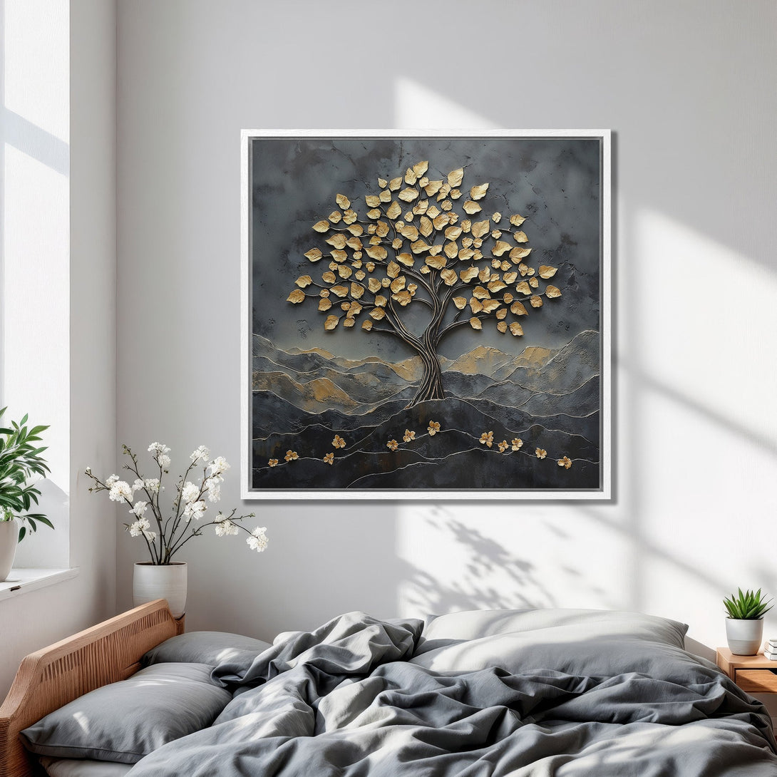 Framed Wall Art featuring a gold leaf tree on a textured gray background. Modern abstract art in a bedroom setting. A perfect home decor accent.