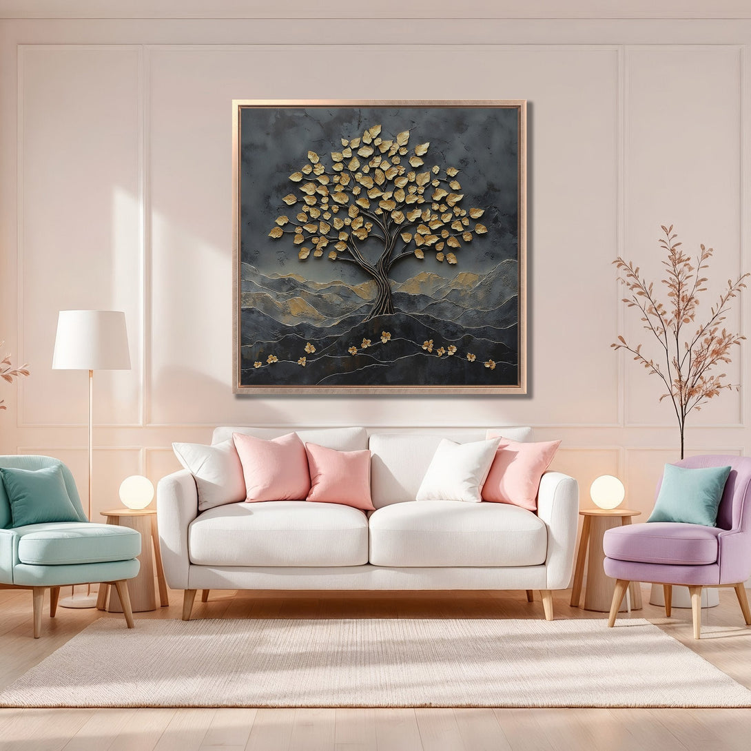 Framed Wall Art: Abstract gold tree on dark gray background. Modern art print with a neutral, pastel color palette. Perfect for living room decor.