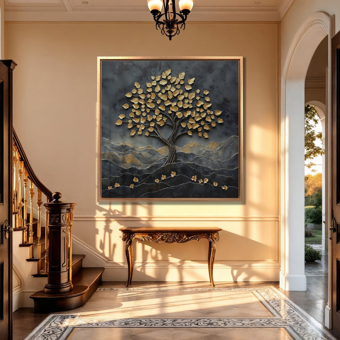 Framed Wall Art featuring a gold leaf tree on a dark background, adding a touch of luxury to any space. Warm, neutral color palette.