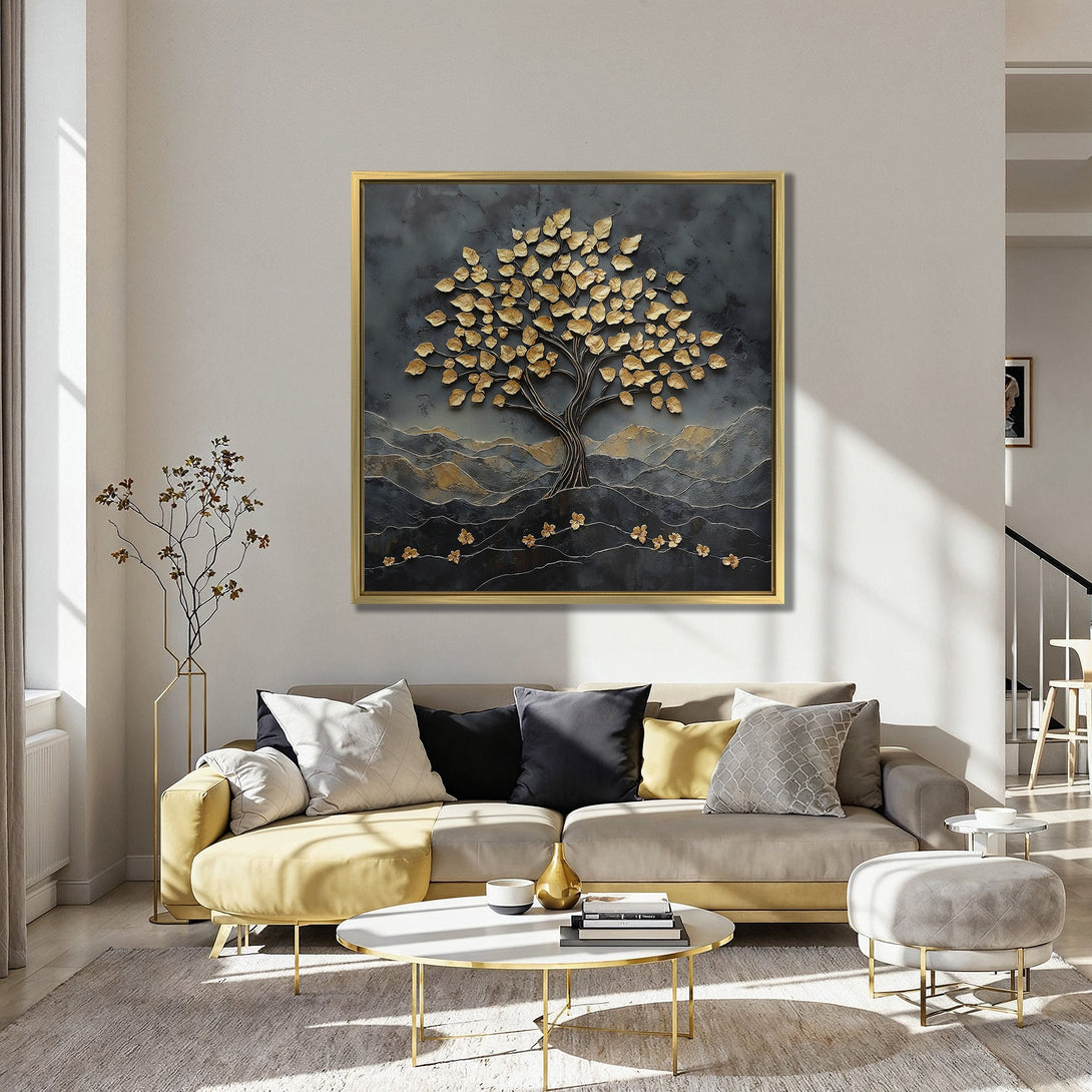 Canvas Print: Gold leaf tree art on dark textured background. Modern wall decor in a moody, elegant interior with teal and burnt orange accents.