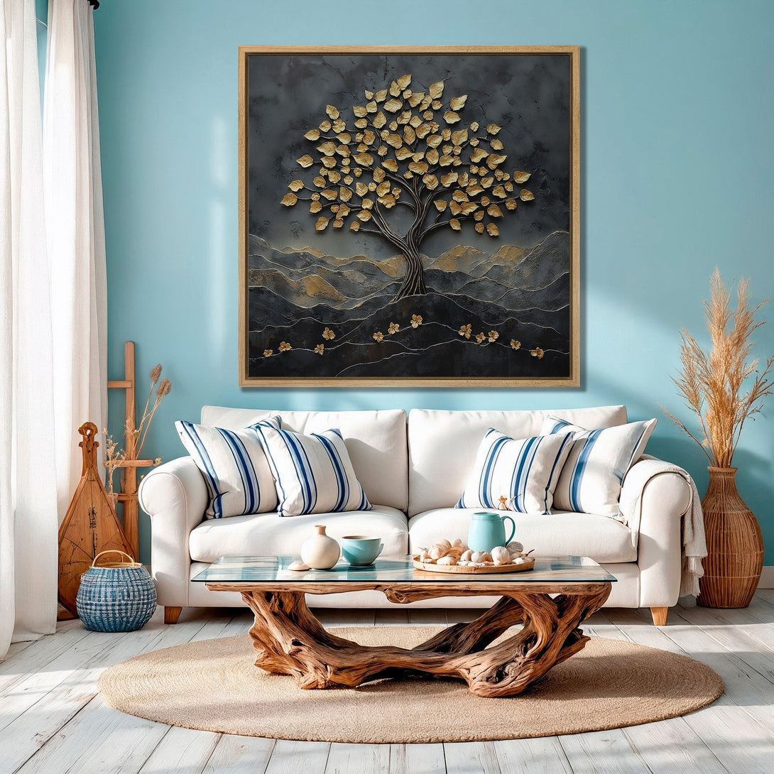 Framed Wall Art: Abstract gold tree canvas print in a modern living room. Features a dark, textured background and gold accents. Perfect for adding elegance.