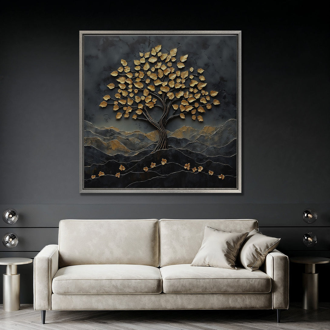 Framed Wall Art: Gold leaf tree art print in a modern interior. Dark, moody color palette with gold accents. Perfect for living room decor.