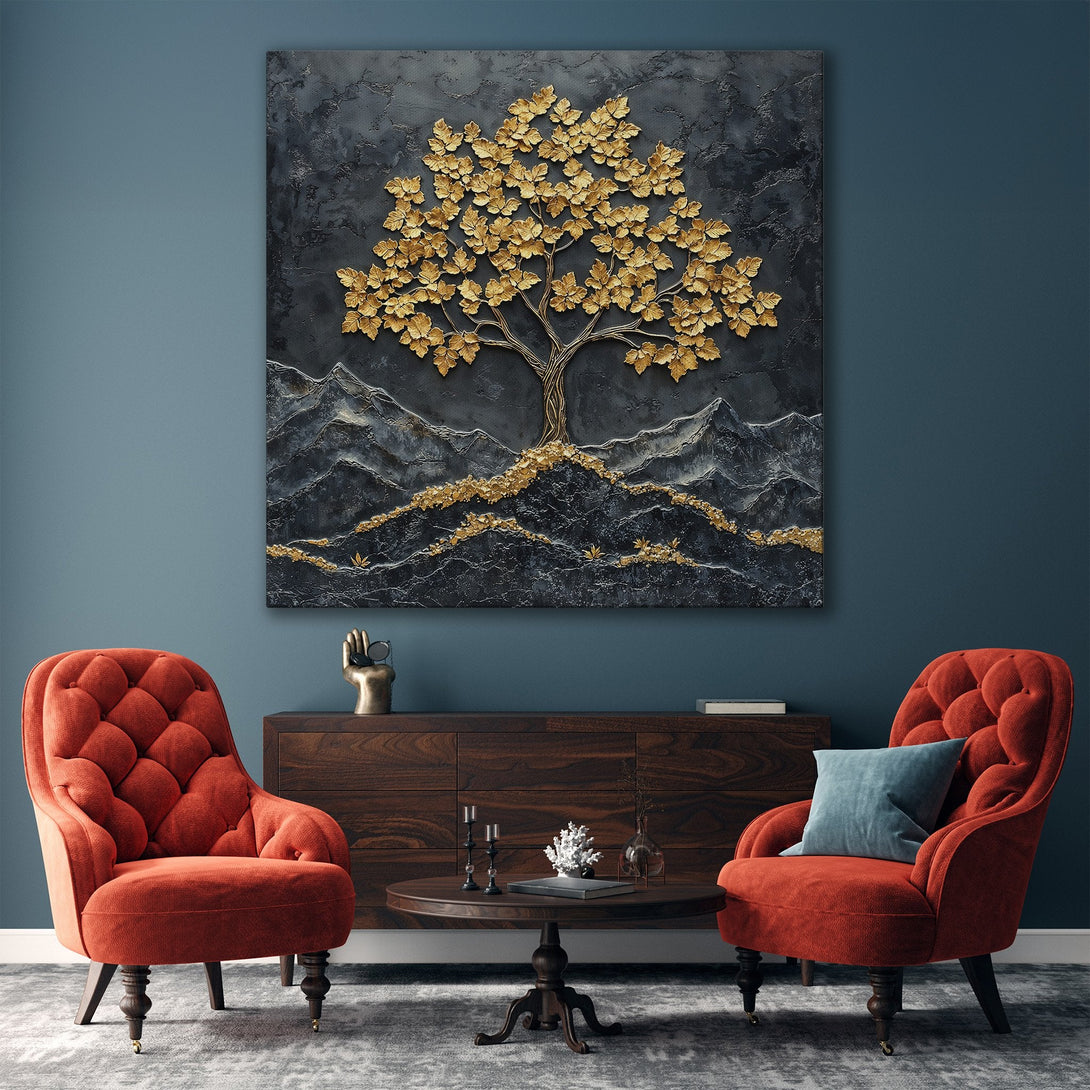 Framed Wall Art: Gold tree on dark textured background. Modern canvas print with gold and gray tones, perfect for living room decor.