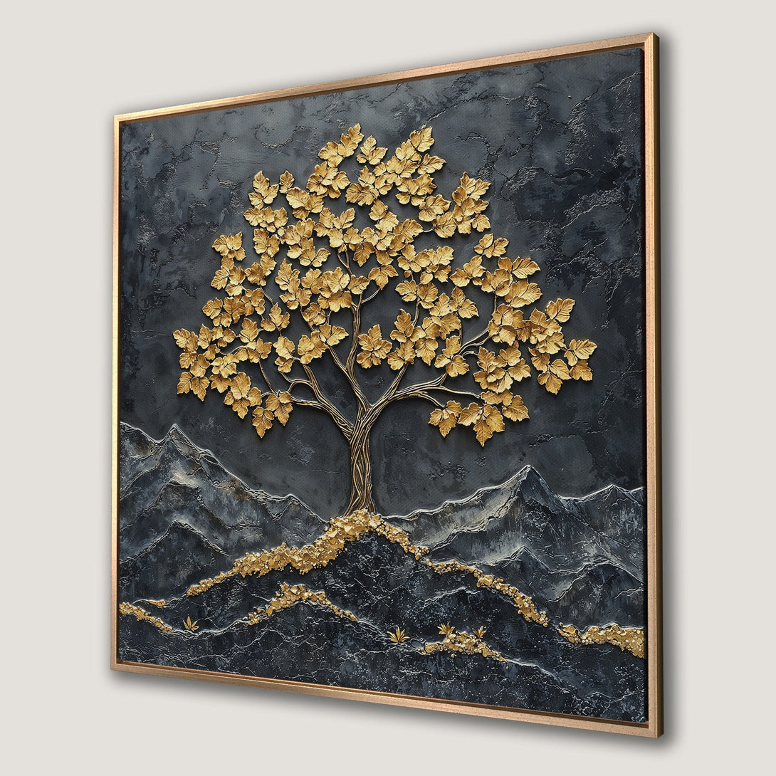 Framed Wall Art: Gold tree on textured dark gray background. Modern, elegant canvas print for home decor. Adds a touch of luxury.