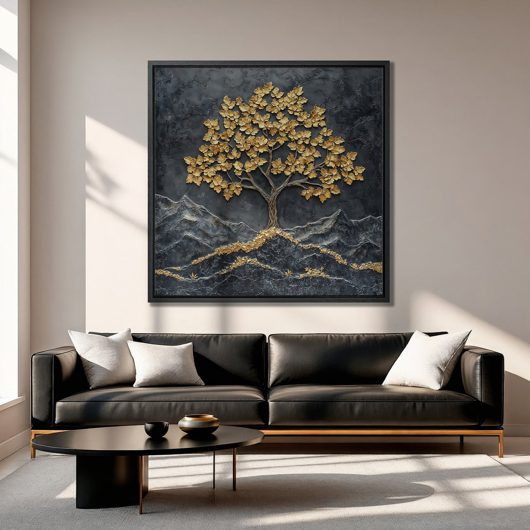 Framed Wall Art: Stunning gold tree art on a dark textured background. Modern decor with a luxurious feel. Adds elegance with its gold, black, and neutral color palette.