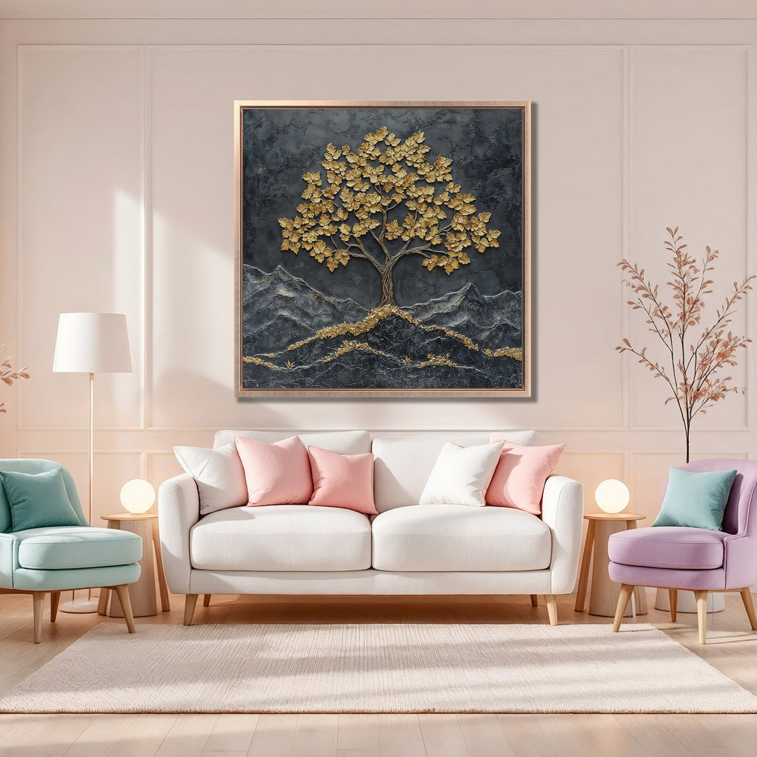 Framed Wall Art: Gold tree artwork on dark textured background. Modern, elegant style with gold, gray, and blush color palette. Perfect for living room decor.
