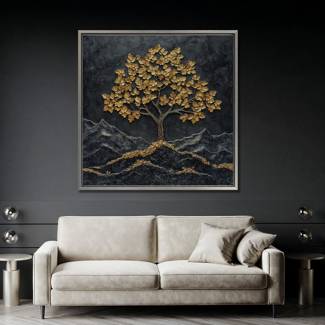 Framed Wall Art featuring a golden tree on a dark textured background. Modern, elegant decor with gold and black tones. Perfect for living room or bedroom.