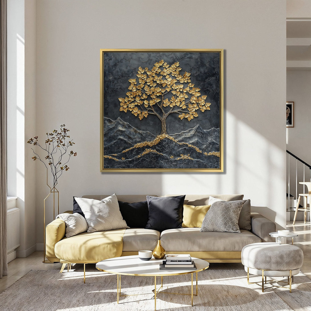 Canvas Print featuring a gold leaf tree on a dark textured background. Elegant wall art in a modern interior with a warm, inviting color palette.