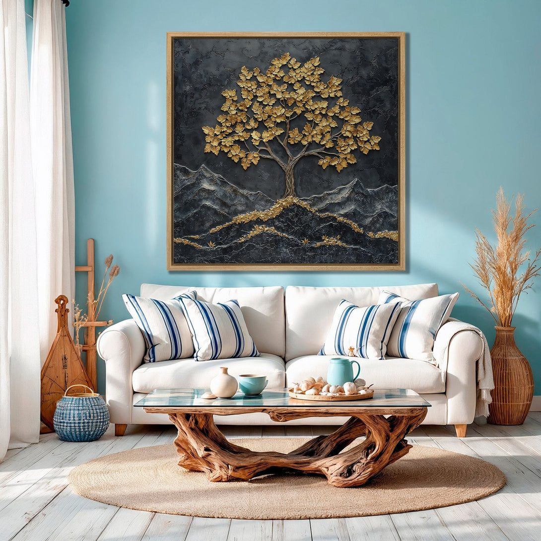 Framed Wall Art: Stunning gold leaf tree on a dark textured background. Modern art with a calming blue and gold color palette, perfect for home decor.