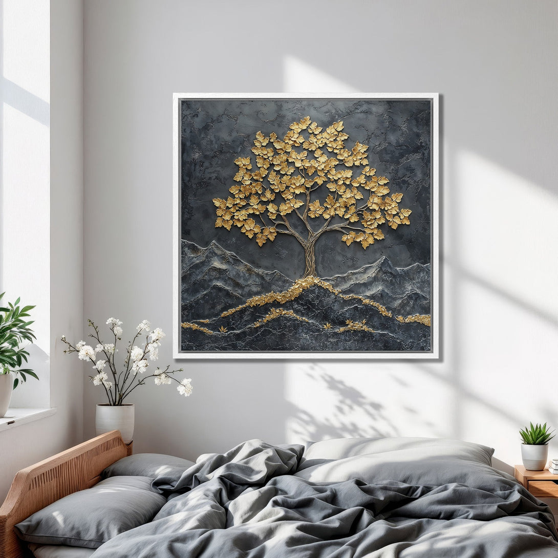 Framed Wall Art: Gold tree art print in a modern bedroom. Dark grey and gold color palette, adding elegance and style to any space.
