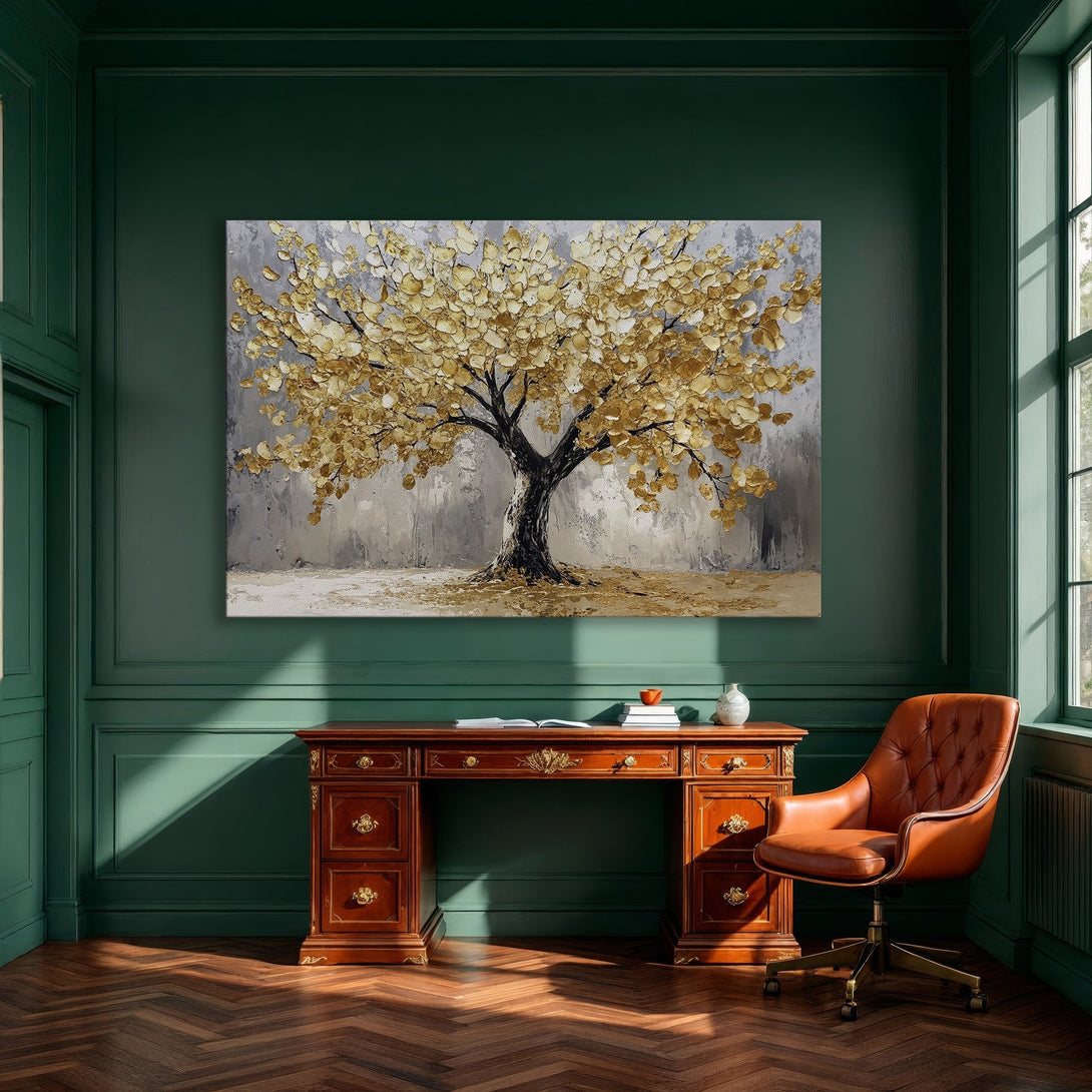 Framed Wall Art: Golden tree painting in a modern dining room. Textured art with gold, gray, and white color palette. Elevate your home decor!