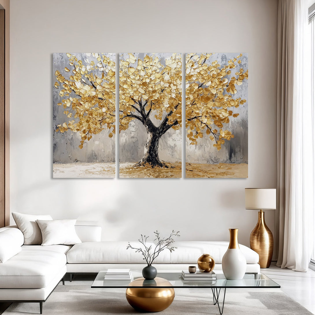 Canvas Print of a golden tree in a modern interior. Abstract style, neutral gray and gold color palette. Perfect wall art for living room.