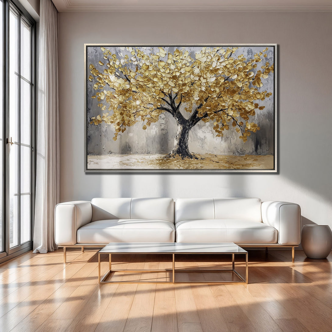 Framed Wall Art: Golden tree painting in neutral tones. Modern abstract art for living room decor. Enhance your space with this canvas print.
