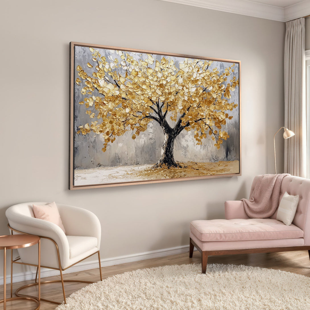 Framed Wall Art: Gold leaf tree painting. Abstract style with a neutral and gold color palette, perfect for modern home decor.