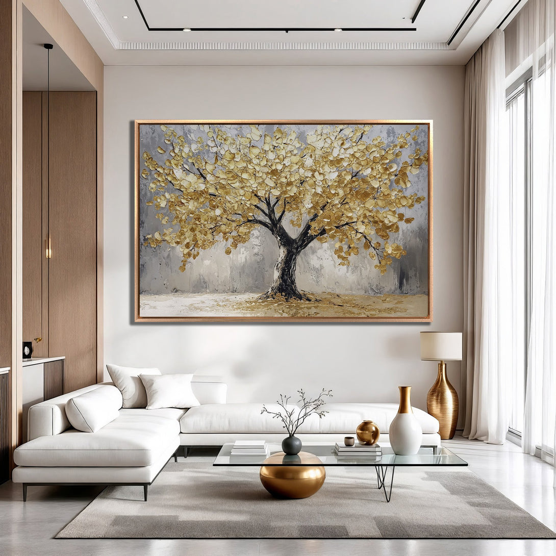 Framed Wall Art: Abstract tree painting in gold and gray tones. Modern art canvas print adds elegance to any interior. Shop now!
