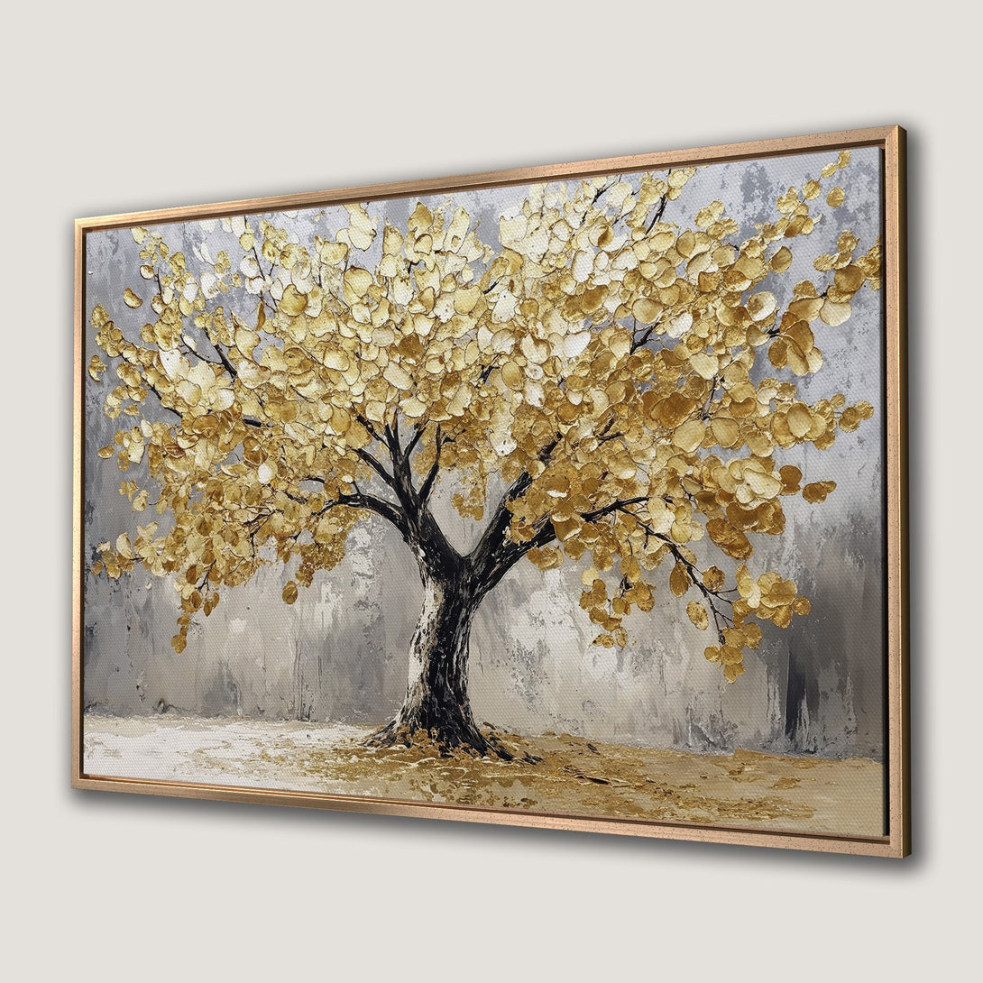 Framed Wall Art: Abstract gold tree painting on canvas. Modern art with a neutral gray and gold color palette, perfect for home decor.