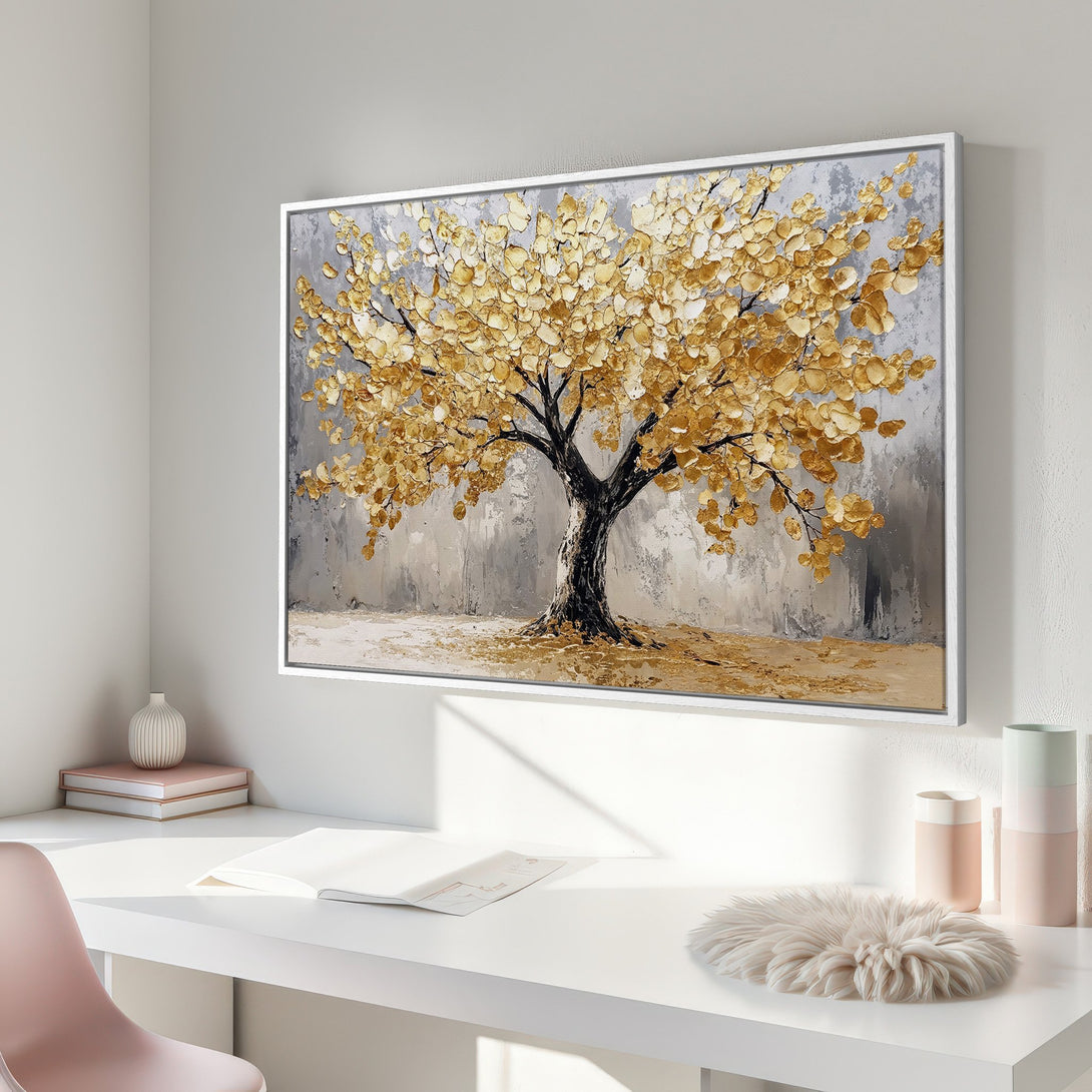 Framed Wall Art: Abstract gold tree painting on canvas. Modern style with neutral gray and gold color palette, perfect for home decor.