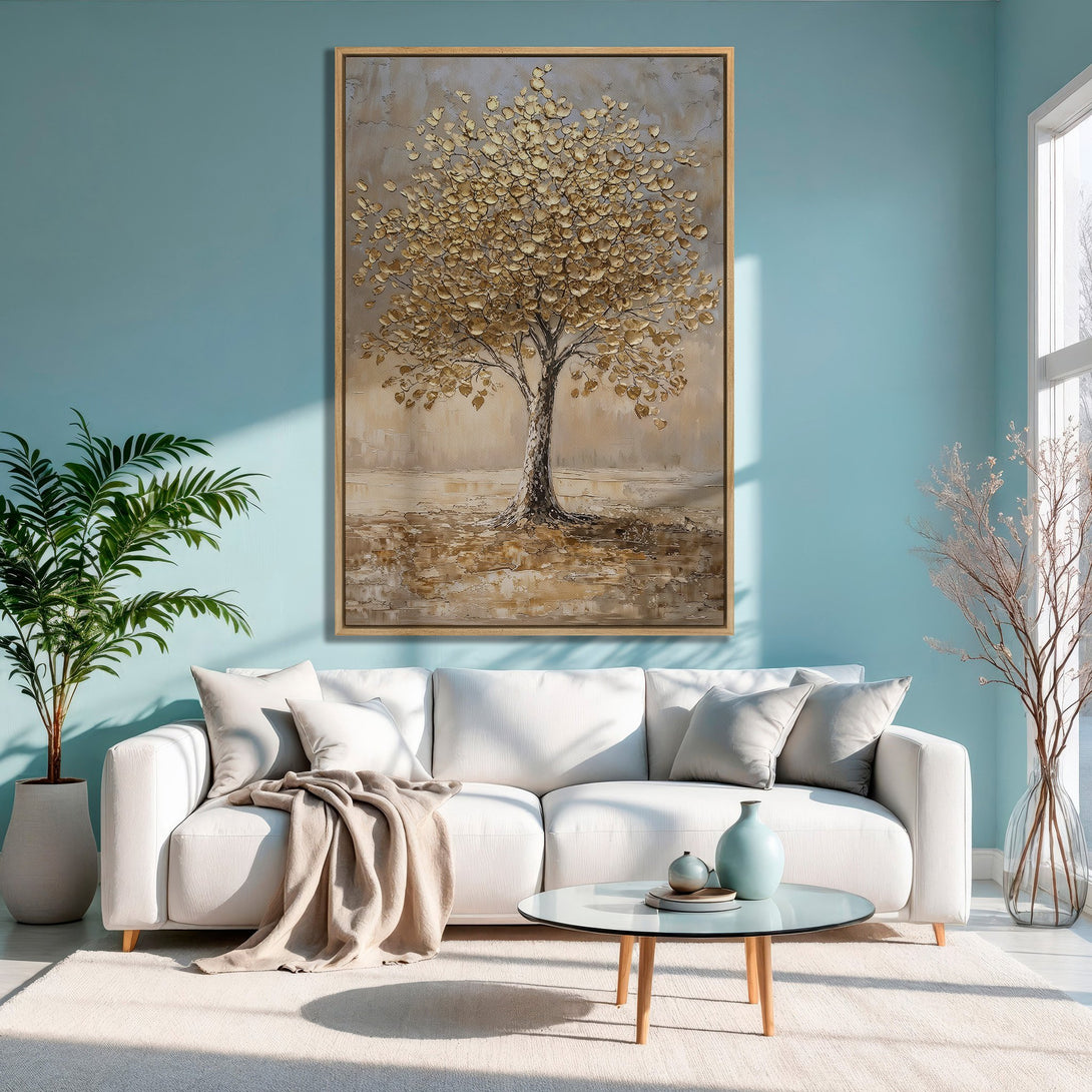 Framed Wall Art: Textured gold tree canvas print in a modern living room. Earthy tones and teal walls create a calming, stylish interior. Shop now!