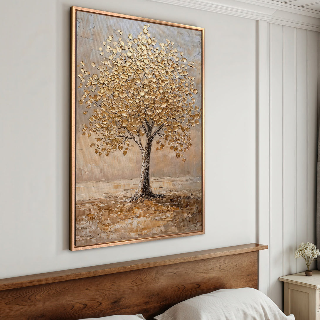 Framed Wall Art: Textured gold tree painting. Neutral color palette. Adds warmth and elegance to any interior. Perfect for bedroom decor.
