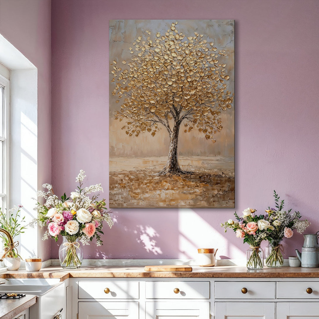 Framed Wall Art: Abstract gold tree painting in a neutral interior. Modern canvas print with warm, earthy tones for a stylish home decor upgrade.