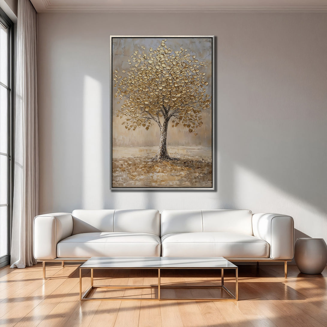Framed Wall Art of a golden tree painting in a modern living room. Warm neutral color palette, perfect for adding a touch of elegance.