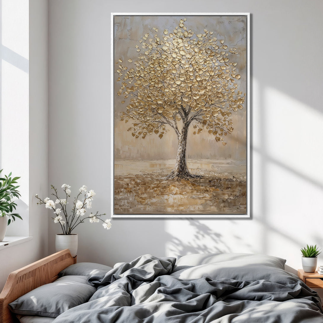 Framed Wall Art: Textured gold tree painting in a bedroom. Neutral color palette with warm tones, perfect for modern home decor.