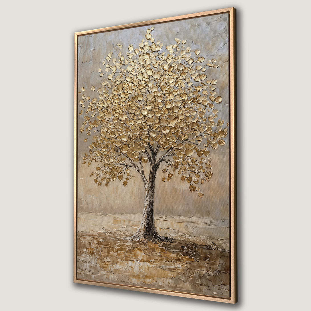 Framed Wall Art: Textured gold leaf tree painting on canvas. Neutral color palette with brown, beige, and gold tones. Perfect for modern home decor.