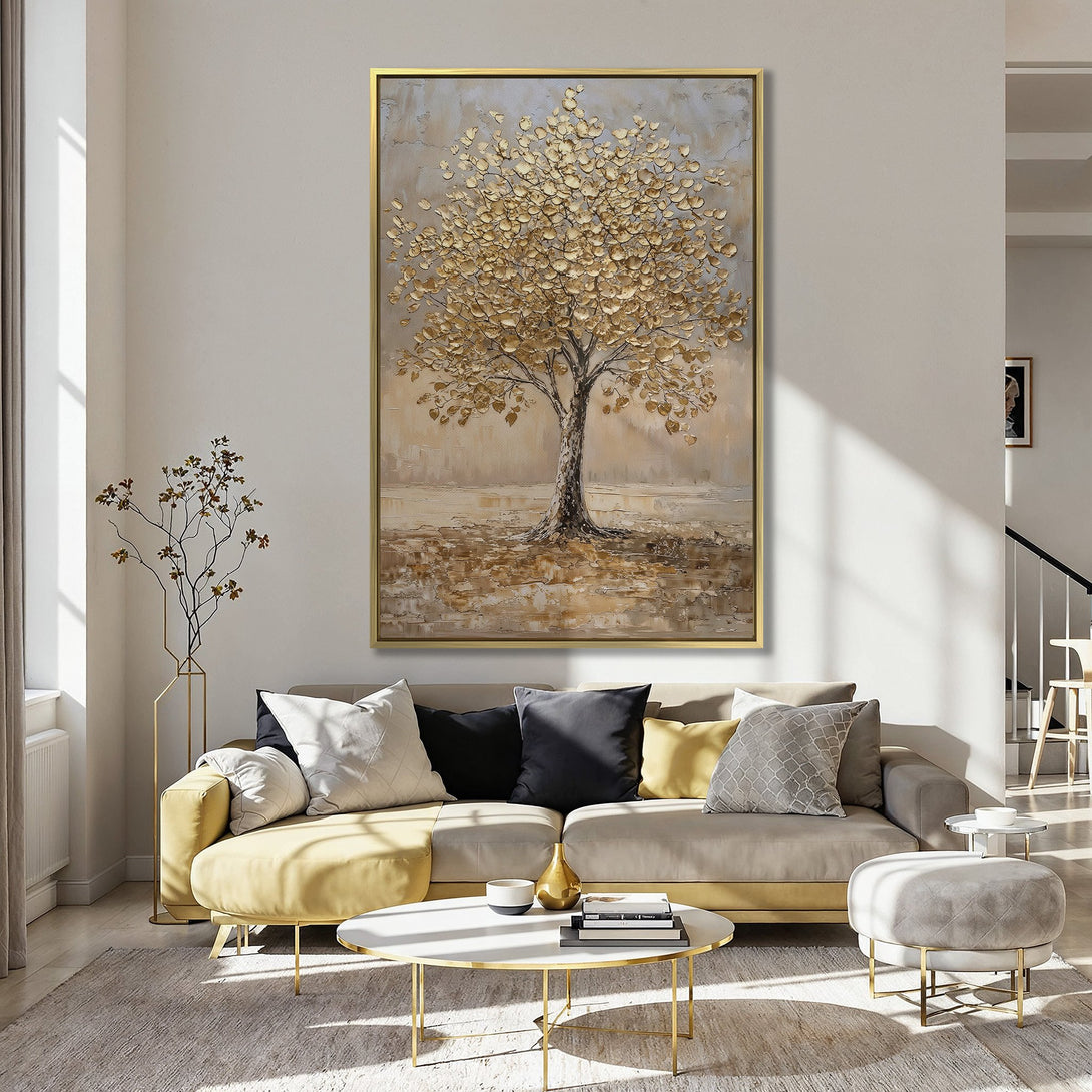Canvas Print of a golden tree painting in a kitchen. Warm, neutral tones with a touch of elegance. Perfect wall art for any space.