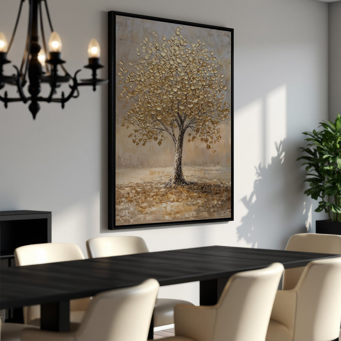Framed Wall Art: Textured tree painting in warm gold and beige tones. Adds elegance to any dining room. Enhance your home decor with this stunning canvas print.