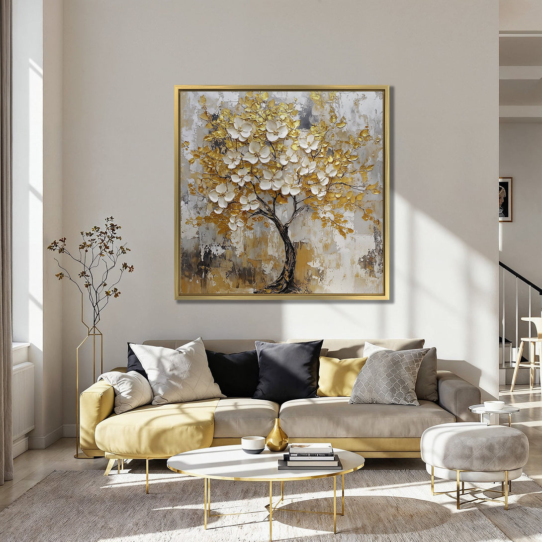 Elegant Canvas Print of a gold & white textured tree art piece. Modern wall decor with a neutral, gold, and white color palette. Perfect for living room.