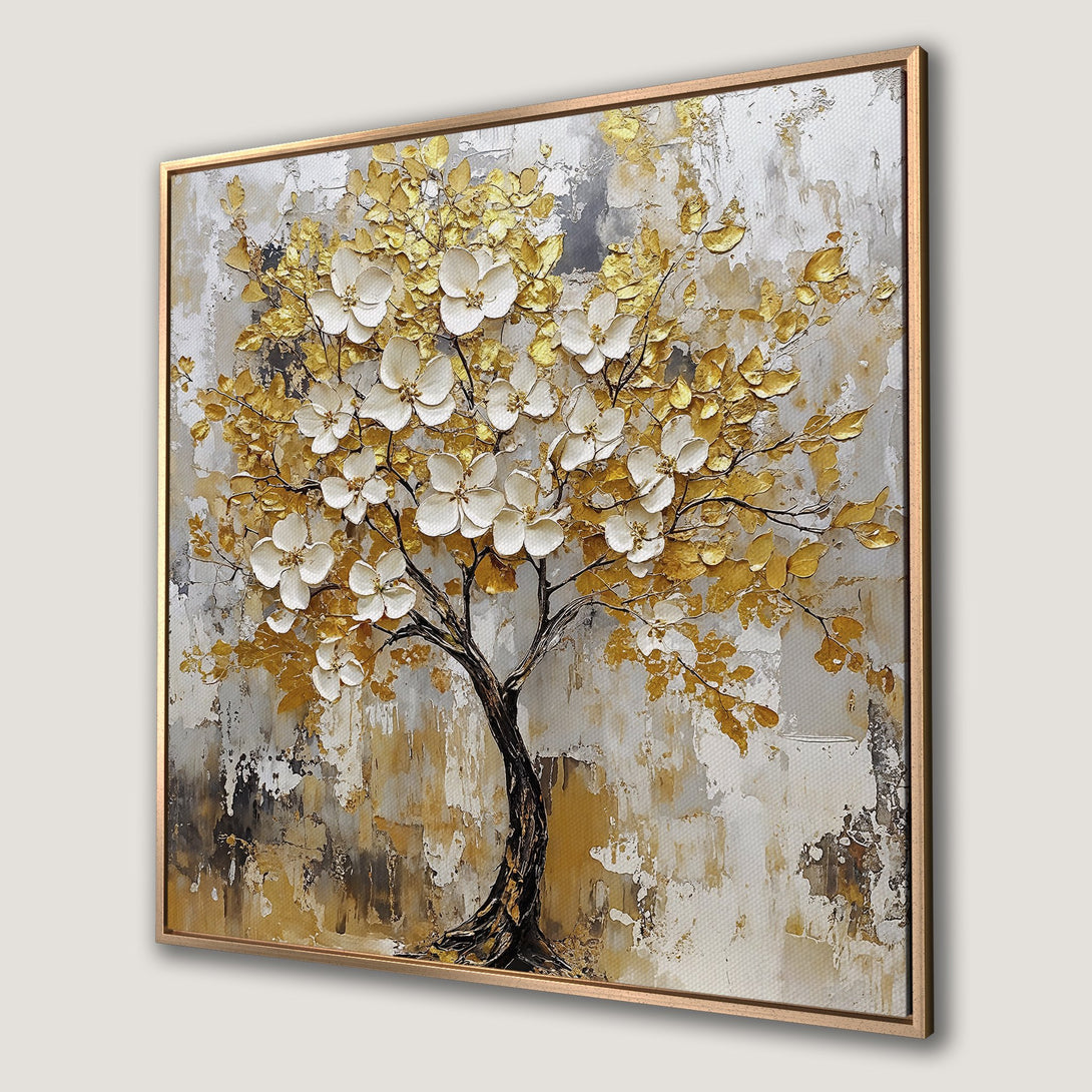 Framed Wall Art: Abstract tree with gold and white flowers. Modern textured painting with neutral and gold color palette, perfect for home decor.