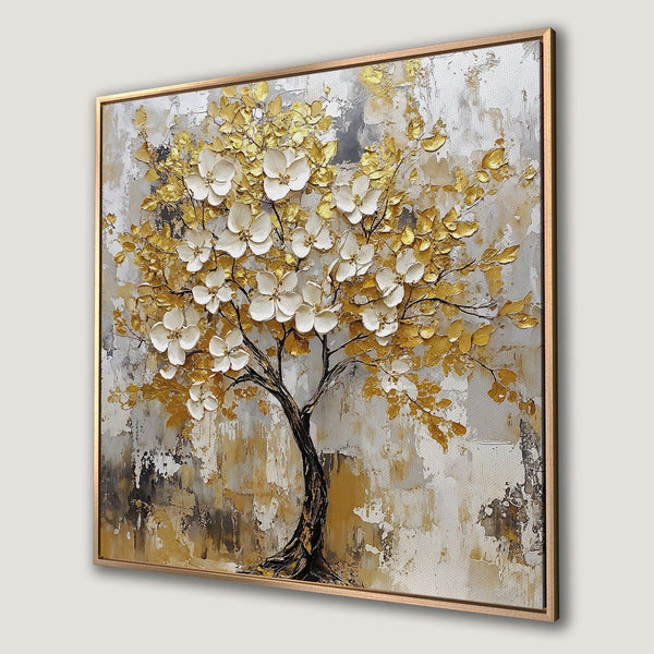 Framed Wall Art: Abstract tree with gold and white flowers. Modern textured painting with neutral and gold color palette, perfect for home decor.