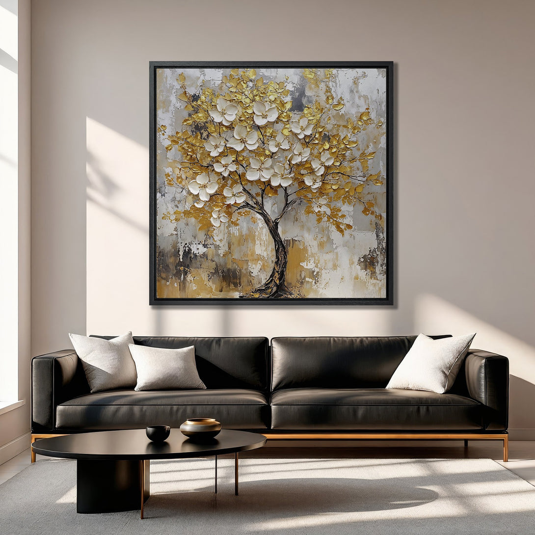 Framed Wall Art: Abstract gold and white tree painting. Modern canvas print in a living room, neutral color palette. Perfect for home decor!