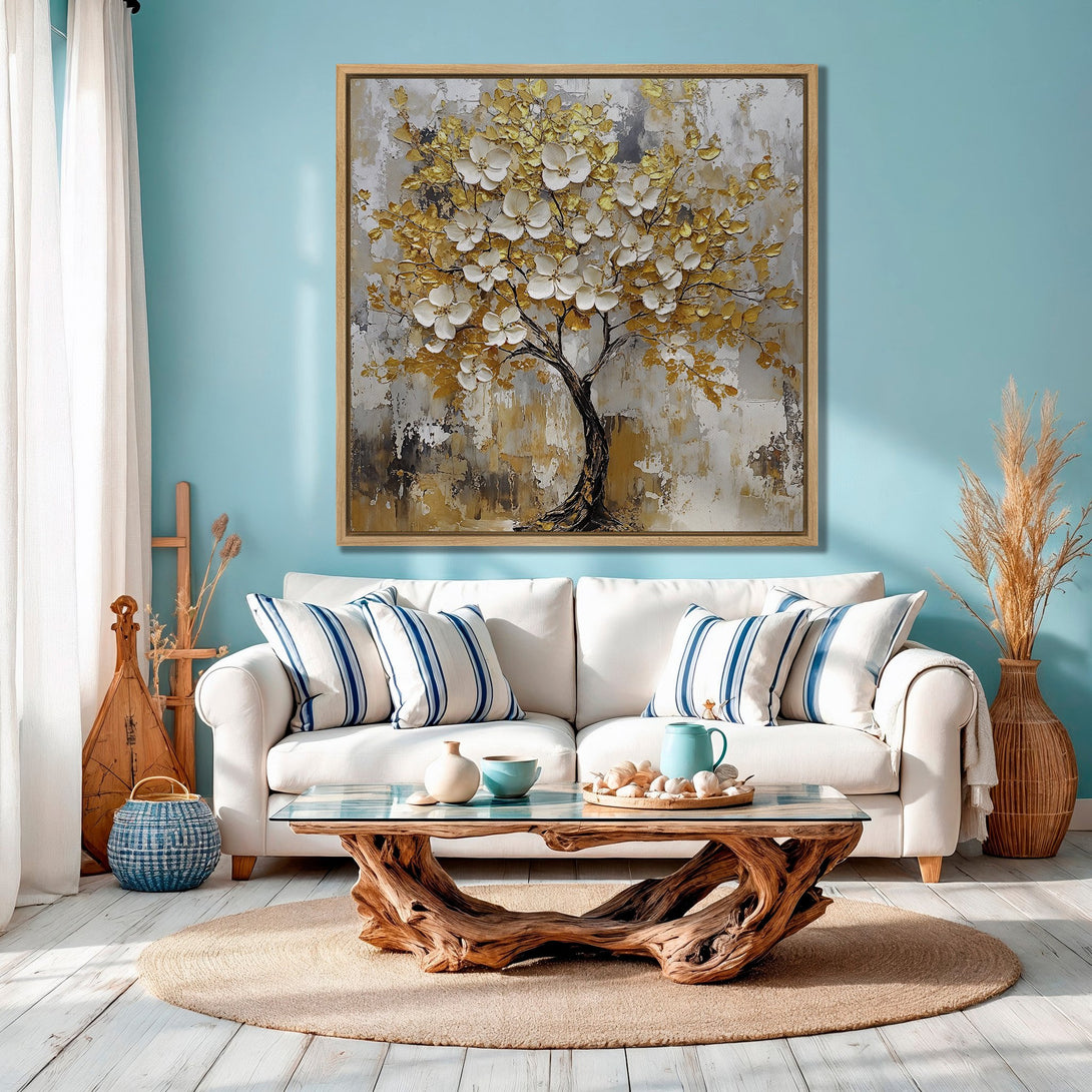 Framed Wall Art: Abstract tree painting in gold, white, and gray tones. Modern art Canvas Print adds elegance to any living room with a blue and neutral palette.