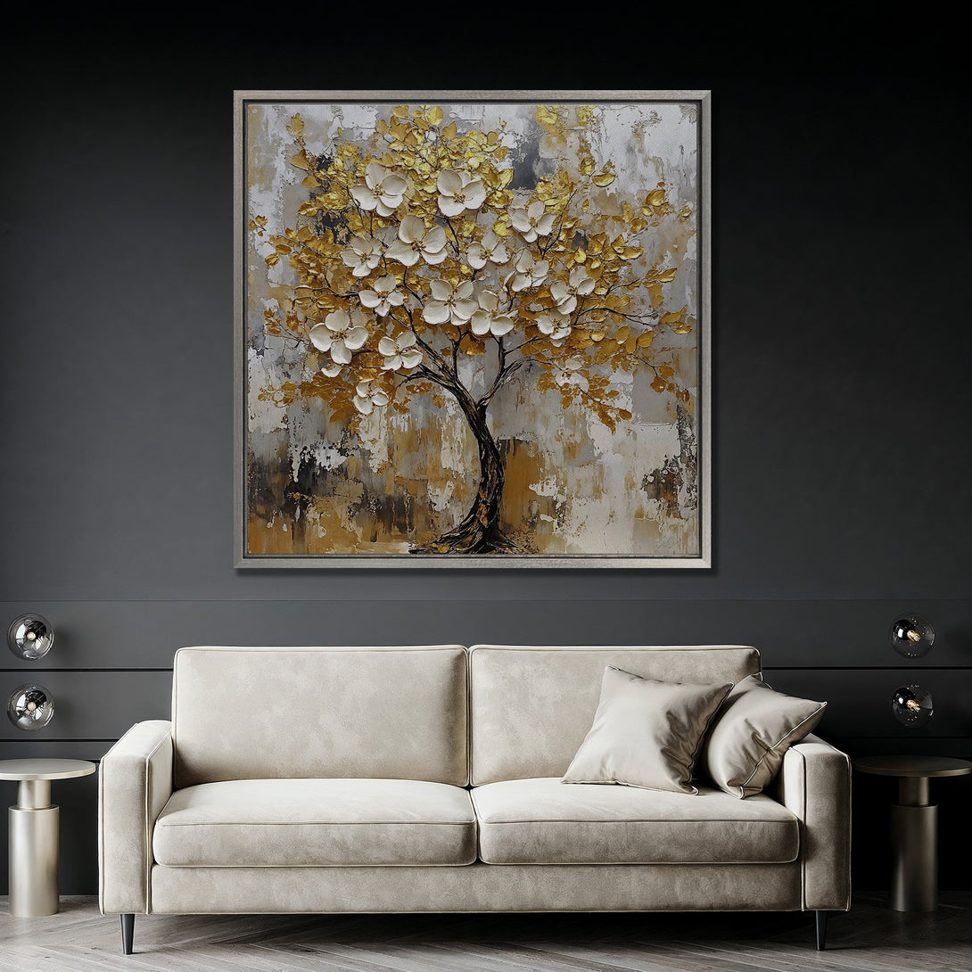 Framed Wall Art: Stunning gold & white textured tree painting. Elegant abstract style with neutral palette. Perfect for modern living room decor.