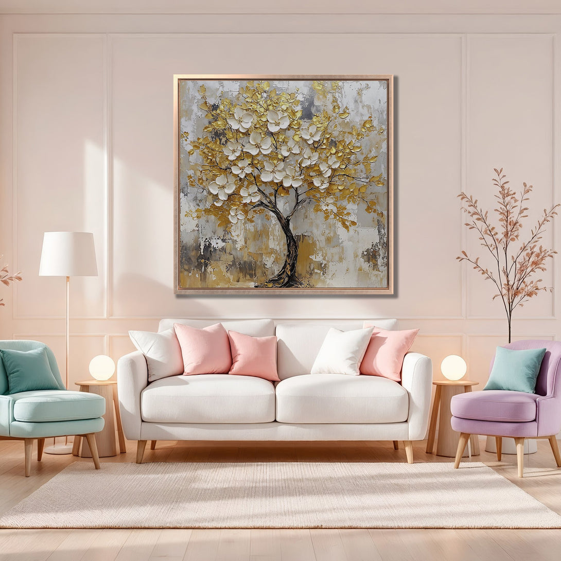 Framed Wall Art: Textured gold tree painting in a modern living room. Neutral color palette with pops of pink and blue, creating a serene atmosphere.