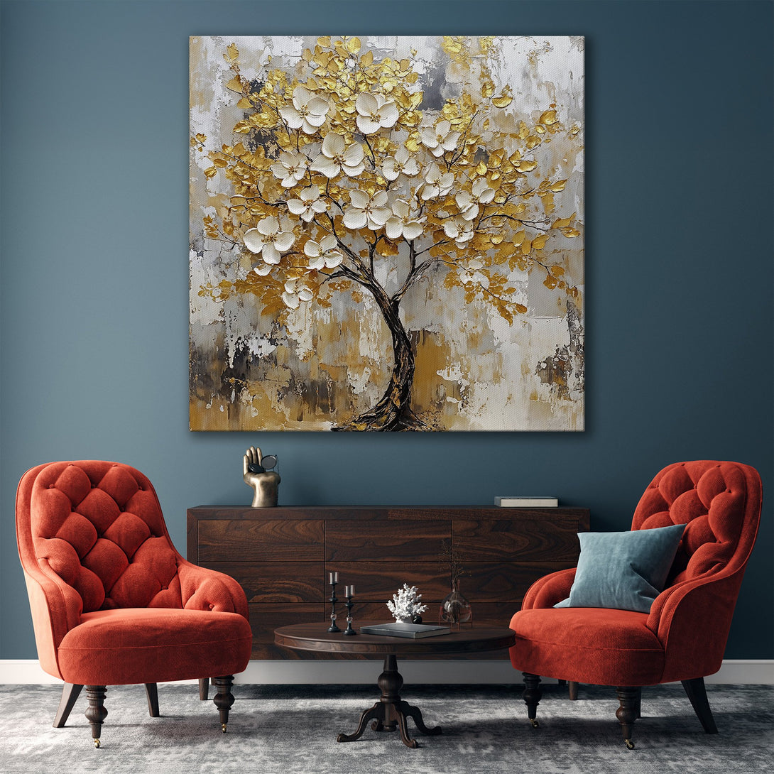 Framed Wall Art: Abstract tree painting in gold and white tones. Modern interior decor featuring a neutral color palette for a stylish living space.