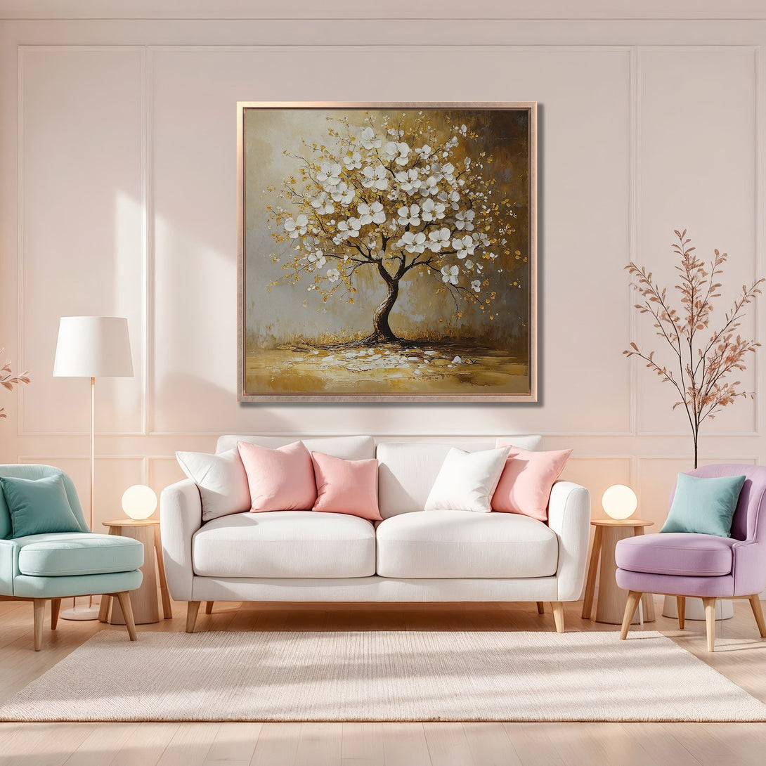 Framed Wall Art: Elegant tree painting in warm tones. Soft, neutral color palette complements modern interior design. Perfect for adding a touch of nature.